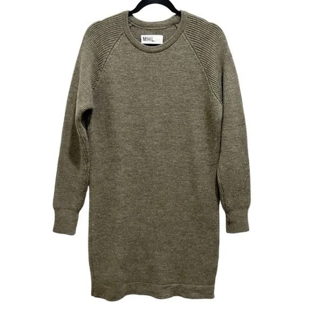 MHL Margaret Howell 100% Wool Knit Dress Small‎ Olive Midi
